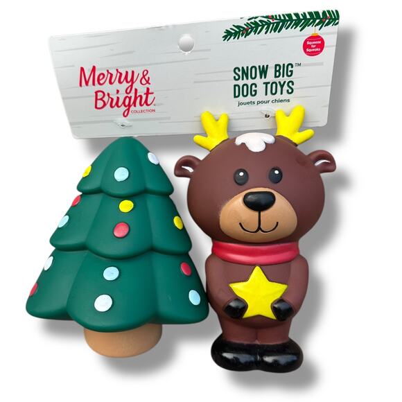 Merry & Bright 2PK Squeaky Christmas Dog Toys Toss Shake Play Tree Reindeer NWT - Picture 2 of 4